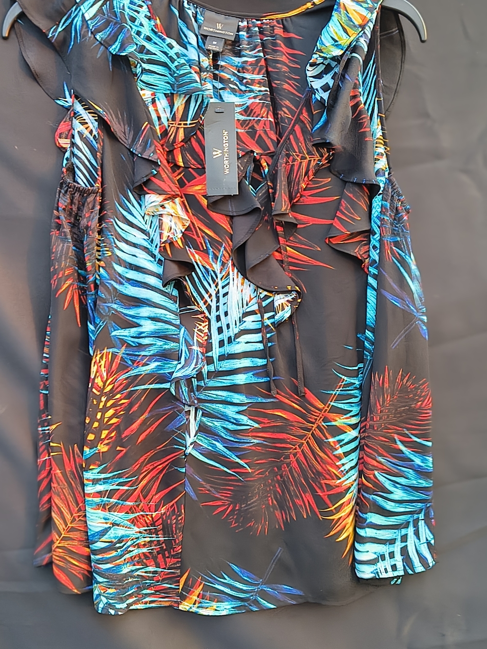 Worthington Black Tropical Ruffle Tie-Neck Sleeveless Top